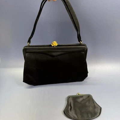 Clutch de noite vintage 1950 cetim preto com bolsa de moedas por MM Morris Moskowitz - Imagem 1 de 4