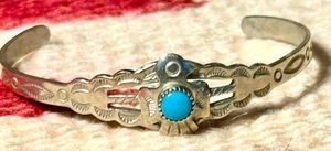 OLD PAWN NATIVE AMERICAN FRED HARVEY ERA STERLING TURQUOISE CUFF W THUNDERBIRD - Picture 1 of 13
