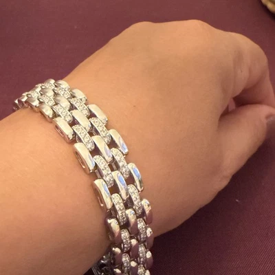 Brazalete de eslabones presidenciales pavé de plata de ley 925 de 12 mm, piedra circonita   Foto 1 de 4