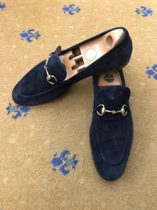 Gucci Loafers Suede Shoes Jordaan Navy Blue Gold Horsebit Mens UK 10 US 11 EU 44 - Picture 1 of 11