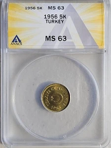 Turkey 5 Kurus 1956 ANACS MS 63 - Picture 1 of 2