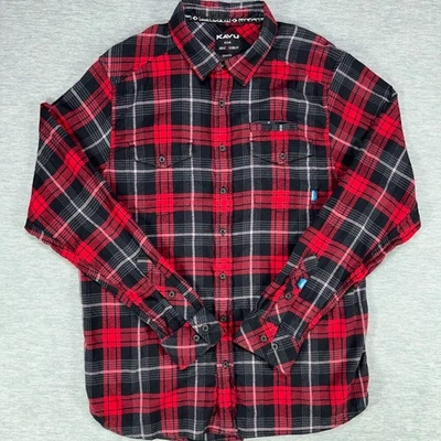 Kavu 法兰绒衬衫男式 L 红色黑色格子长袖纽扣 — 第 1/4 张图片