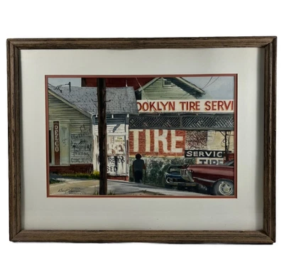 DAVID SOLOMON AMERICAN BROOKLYN NY CARS ILLUSTRATION WATERCOLOR VINTAGE PAINTING - Image 1 of 4