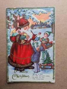 OLD POSTCARD FATHER CHRISTMAS SANTA GREETINGS CHILDREN TOY 1940 EMBOSSED DR 173 - Picture 1 of 2