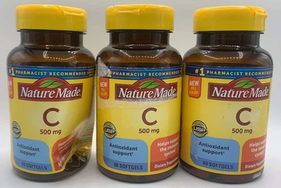 3PK Nature Made C 500 mg ~ 60 cápsulas gelatinosas cada ~ EXP 7/26 ~ ENVIO RÁPIDO - Imagem 1 de 2