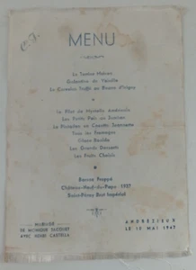 MENU SUR TISSU MARIAGE ANDREZIEUX MAI 1947 Taches - Foto 1 di 1