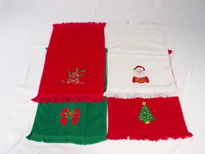 Four Vintage Applique Embroidered Christmas Guest Towels Cotton Terry Fringe K23 - Picture 1 of 13