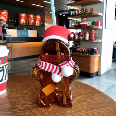 New Starbucks Christmas Gift Gingerbread Man Shaped Glass Straw Cup Tumbler Hot - Image 1 of 4