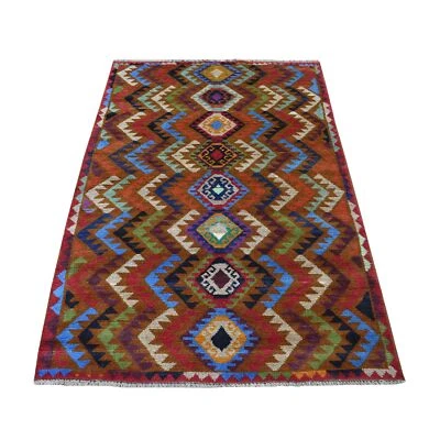 3'9"x6' Hand Made Geometric Design Pure Wool Colorful Afghan Tribal Rug R53143 - Image 1 of 4