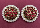 80?s Castlecliff Gold Plated Red Rhinestone And Faux PClip On Earrings, Designer