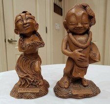 2 Lot Vintage Coco Joe's Hapa-Wood Tiki Statues Father Fisherman & Hula Mother 