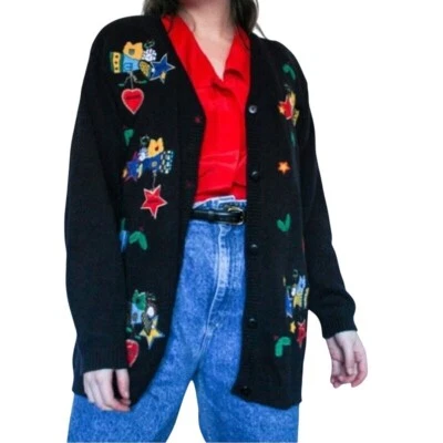 Quaker Factory Vintage Unique Angel Embroidered  V Neck Cardigan Sweater Size L - Image 1 of 4