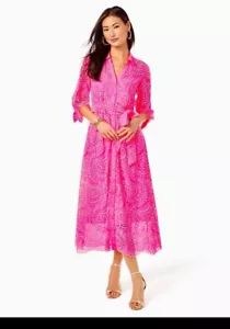 $348 Nuovo Abito Midi Lilly Pulitzer Amrita Rosa Isola Swirly Occhiello Smerlato Taglia 0 - Foto 1 di 13