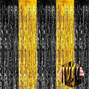 3 Pack Black Gold Foil Fringe Curtains 3.28x6.6Ft Birthday Party Backdrop - Picture 1 of 7
