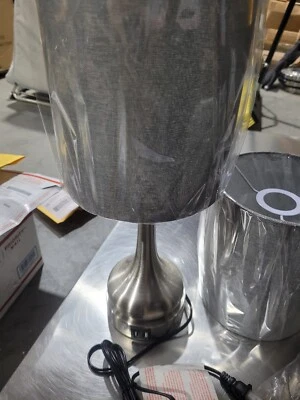 Conjunto de 2 abajures de mesa de cabeceira com portas USB duplas base de metal com sombra cinza - Imagem 1 de 3