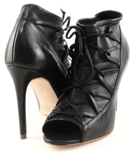 $340 ELIE TAHARI ORIN Black Leather Designer Open Toe Ankle Boots 7 EUR 37.5 - Picture 1 of 4