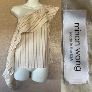 Minan Wong neu ohne Etikett $ 250 Leinen Uni Schulter Rüschen Top Small - Bild 1 von 16