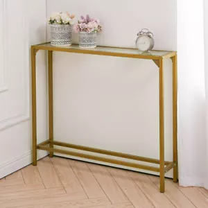 Narrow Slim Glass Console Table Metal Golden Hallway Entryway Porch Accent Table - Picture 1 of 14