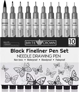 Drawing and Sketching Pens Set - 10 Black Fineliner Pens 0.2Mm to 1.0Mm Width Ti - Picture 1 of 7