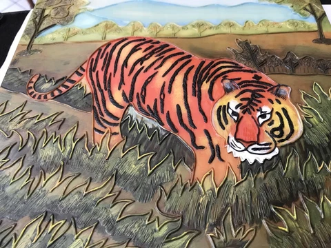 JULIANA HAND PAINTED TUBELINED POTTERY TILE PICTURE PLAQUE TIGER - SIGNED Cover