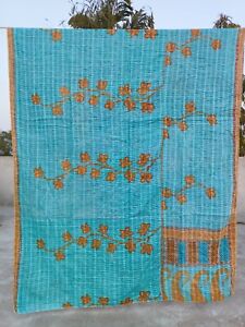 Handmade Stitched Screen Print Cotton Vintage Kantha, Blanket, quilt Bedspread