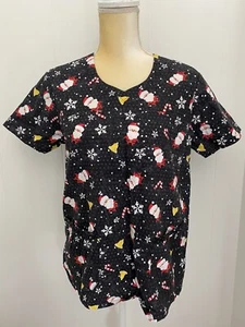 Sanibel Scrub Christmas Santa Snow Womens Small/Medium Black Nurse Medical Top - Picture 1 of 12