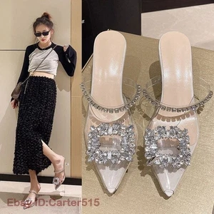New Women Crystal Transparent High Heels Pointed Toe Pumps Slippers Party Shoes - Picture 1 of 14
