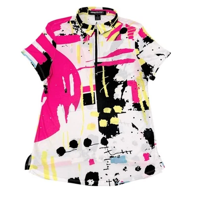 Jamie Sadock Simplicite Golf Polo Top Medium Neon Multicolor Zip Up Short Sleeve - Image 1 of 4