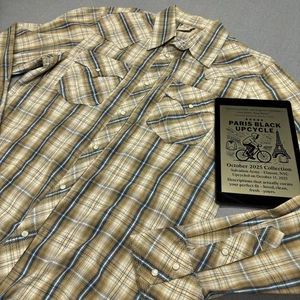 True Religion Mens 2XL Western Pearl Snap Shirt Plaid Tan Brown Blue Vintage Y2K - Picture 1 of 19