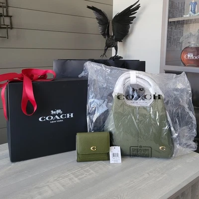 2 Coach Lana 23 Shoulder Bag w/ Matching Wallet Olive Pebble Leather + Box NWT - Image 1 of 4