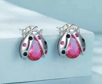 Серьги-гвоздики из платины 925 пробы с градиентом розовые божья коровка - Изображение 1 из 4