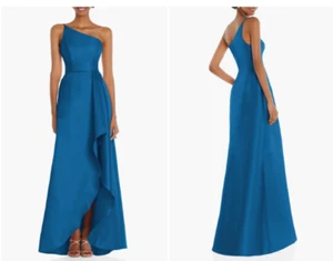 $252 Alfred Sung Blue One Shoulder Ruffle Shantung Gown w/Pockets 2 NEW A483 - Picture 1 of 12