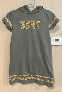 Girls Large 12 DKNY Hooded Olive Green & Gold Sequins Dress Very Nice - Picture 1 of 7