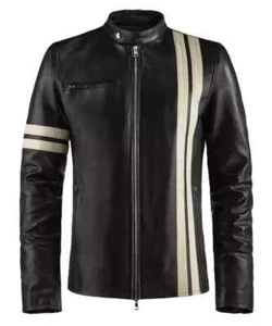 Men's Black Genuine Pure Lambskin Leather White Striped Biker Cafe Racer Jacket - Picture 1 of 6