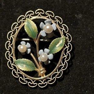 Vintage signierte Krementz goldfarbene Emaille Forget Me Not Flower Pearl Pin Brosche - Bild 1 von 4