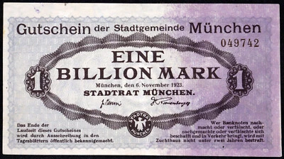 MUNICH / MÜNCHEN 1923 XX-RARE 1 TRILLION MARK! Inflation Notgeld Germany - Image 1 of 2