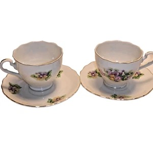 2er Set Vintage Royal Sealy Porzellan Teetasse & Untertasse - Japan - Lila & Gelb Fl - Bild 1 von 2