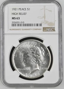 1921 High Relief Peace Dollar 1 $ - MS 63 - konserviert von NGC - schön glänzend detailliert - Bild 1 von 4