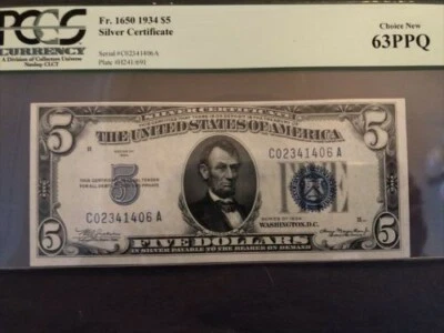 SILVER CERTIFICATE FR .1650 1934 $5 CHOICE NEW 63PPQ - Image 1 of 2