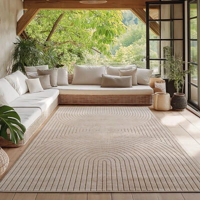 Teppich Wohnzimmer, Kurzflor Beige, Hoch-Tief-Effekt Waschbar Outdoor geeignet - Bild 1 von 4