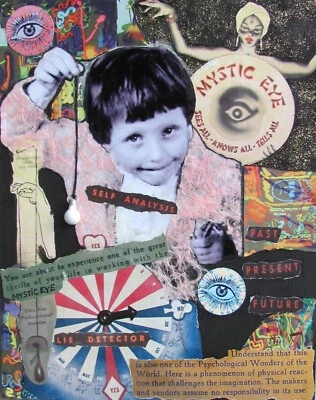 JUEGO DE MESA VINTAGE EL OJO MÍSTICO COLLAGE Y MEDIOS MIXTOS SOBRE PANEL DE MADERA ORIGINAL Foto 1 de 4