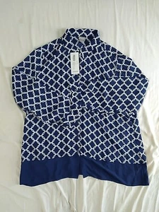 Chicos Top Womens XL 3 Blue White Geo Print Tab Collar Button Up Art - Picture 1 of 4