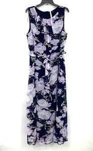 NY Collection Dress Womens Plus 1X Blue Purple Floral Print Sleeveless Belted - Picture 1 of 13