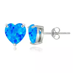 925 Silver Lab Created Blue Opal Heart Stud Earrings, 7mm - Picture 1 of 3