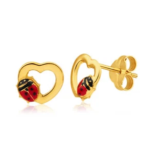 9ct Yellow Gold Ladybird Heart Stud Earrings - Picture 1 of 1