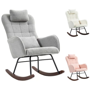 HOMCOM Boucle Rocking Chair with Headrest and Lumber Pillow - Picture 1 of 34