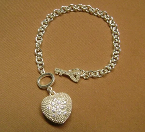 PULSERA MARCADA .925 PLATA ESTERLINA CRISTAL CORAZÓN HINCHADO - LLAVE 7.5" - 20 GRAMOS - Imagen 1 de 8