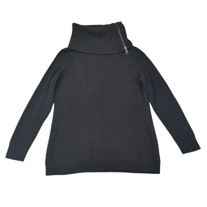 Talbots Womens L Black Sweater Ribbed Knit Asymmetric Zip Funnel Neck Pullover - Picture 1 of 8