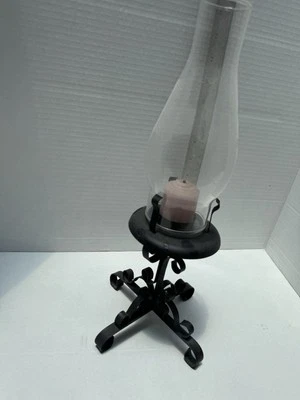 VTG Colonial Scroll Wrought Iron, Glass Hurricane Chimney Candle Holder & Handle - Image 1 of 4