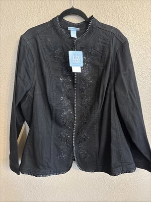 NWT Liz & Me Sz 2X Black Twill Boho Floral Embroidered Jacket Coat Lux - Image 1 of 4